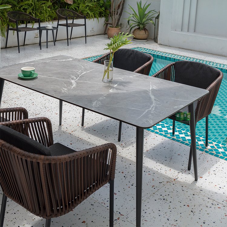(E7097) Aluminum frame outdoor rattan rope woven dining chair with seat cushion