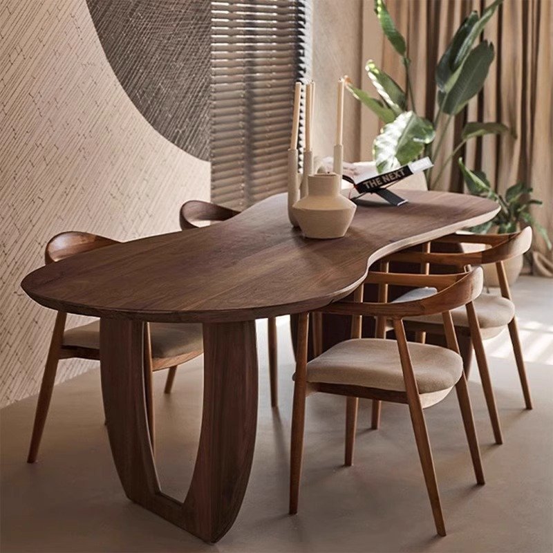 Nordic wabi Sabi black walnut dining table and chair irregular household solid wood oval table negotiation conference table