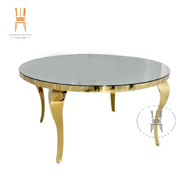 Wedding Furniture Gold Stainless Steel Frame Tempered MDF Top Round Dining Table