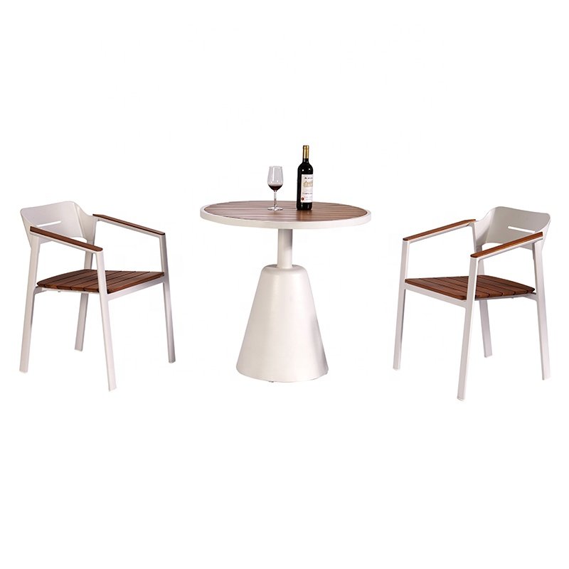 Modern Leisure Patio Cafe Teak Wood 4 Piece Dining Set Furniture Outdoor Garden Aluminum Cafe Table and 3 Seater Chairs