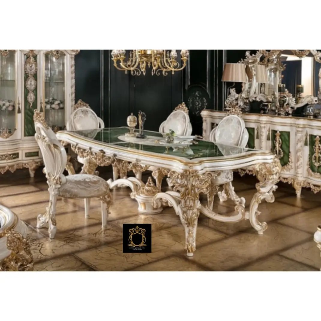 Luxury Marble Top Dining Table Set in solid Wood Carved Dining Table Set 6 Chairs Handmade Carved Teak Oval Round Dining Table