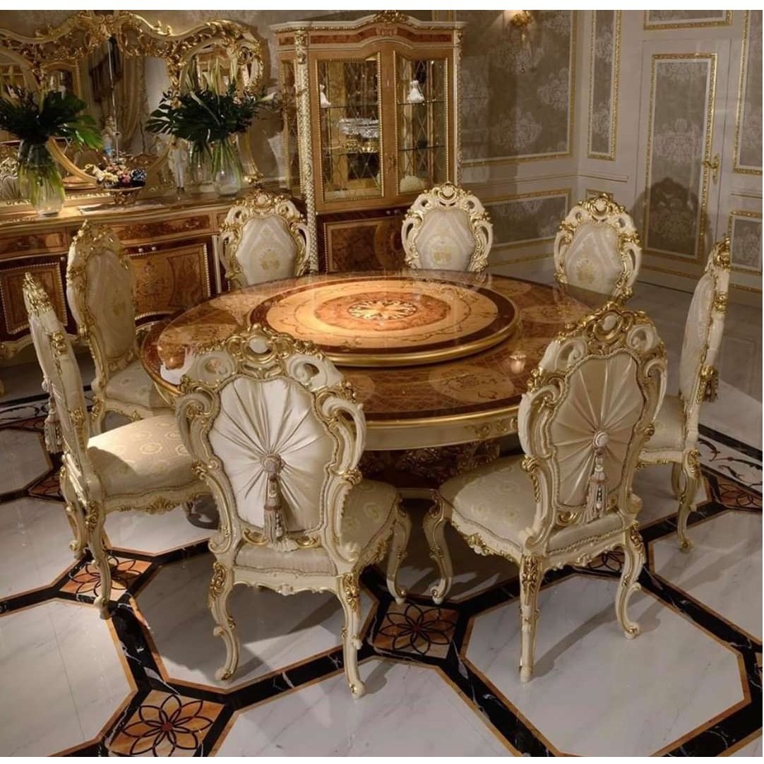 Luxury Marble Top Dining Table Set in solid Wood Carved Dining Table Set 6 Chairs Handmade Carved Teak Oval Round Dining Table