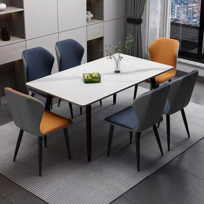Modern Dining Room Set 6 Seater Home Furniture Rock Slab Top Metal Leg Dining Table And PU Leather Chairs Dining Table Set