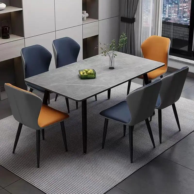 Modern Dining Room Set 6 Seater Home Furniture Rock Slab Top Metal Leg Dining Table And PU Leather Chairs Dining Table Set