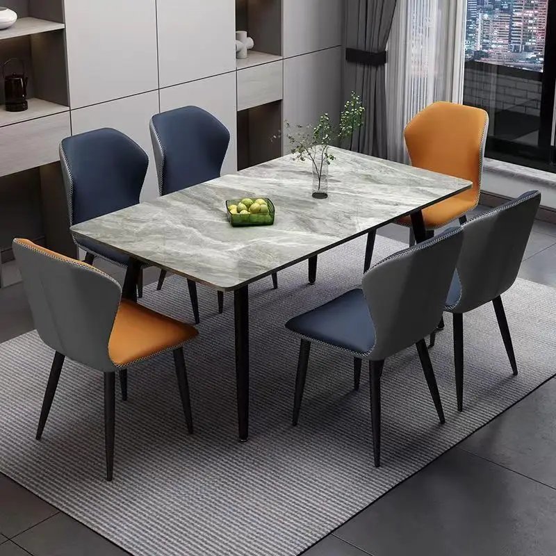 Modern Dining Room Set 6 Seater Home Furniture Rock Slab Top Metal Leg Dining Table And PU Leather Chairs Dining Table Set