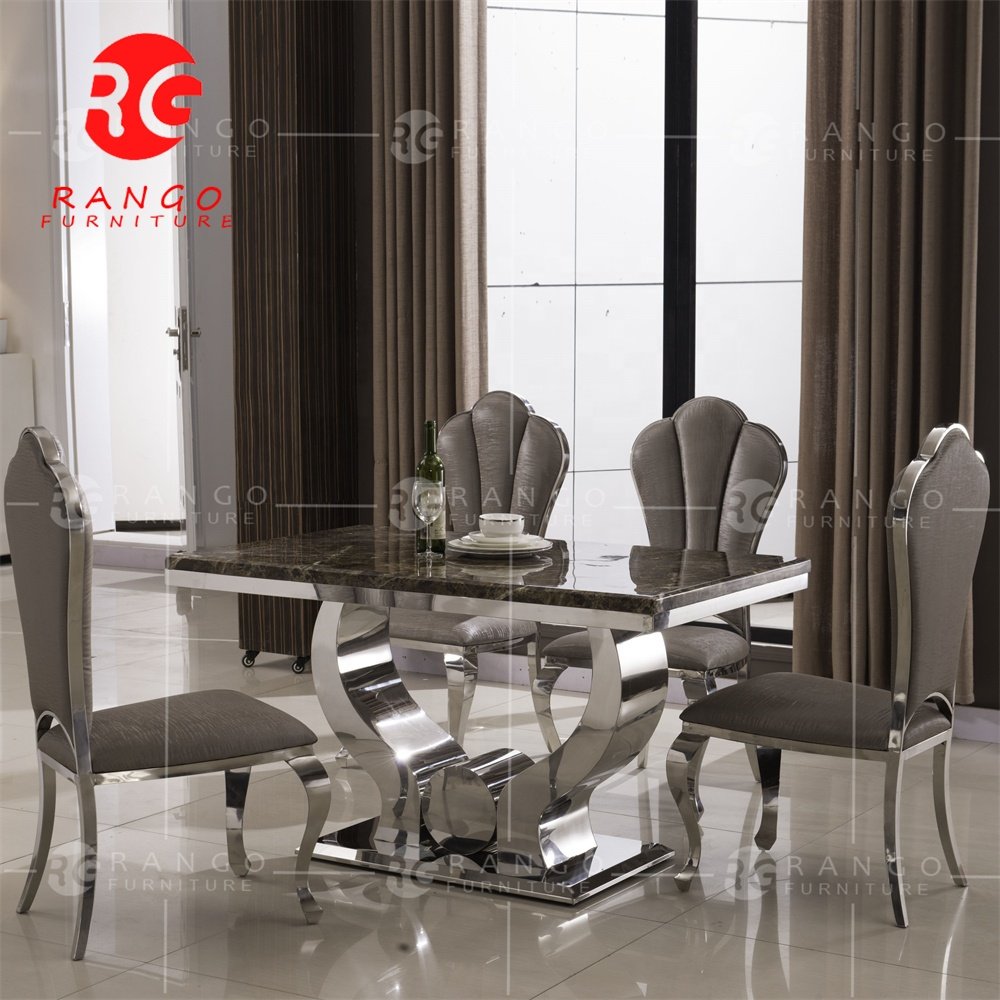 Golden stainless steel white marble top dining table with 6 chairs