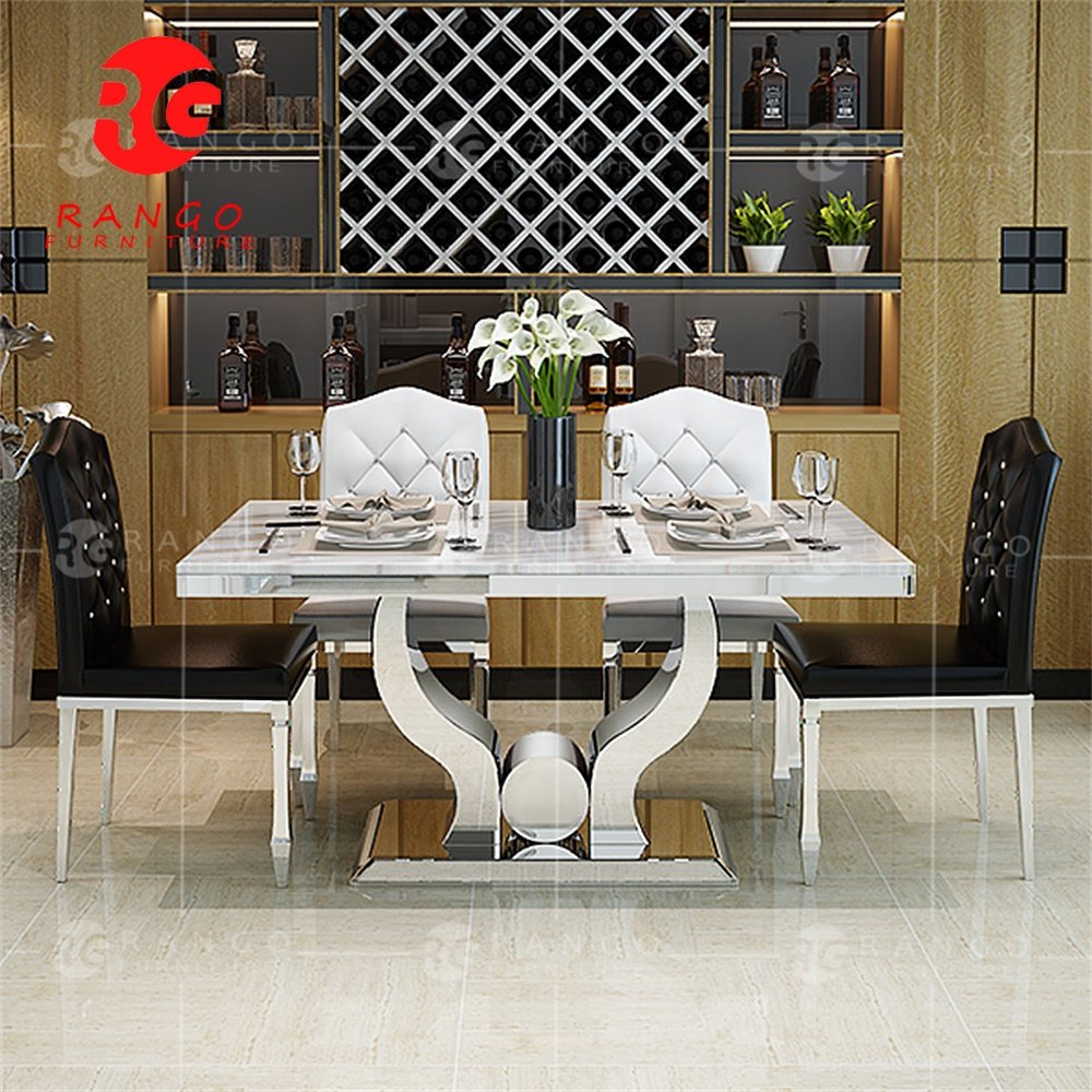 Golden stainless steel white marble top dining table with 6 chairs