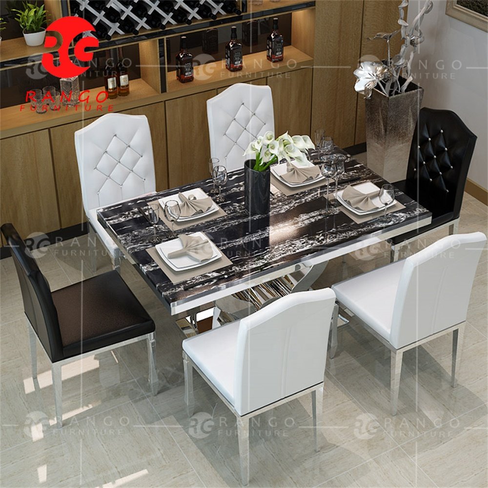 Golden stainless steel white marble top dining table with 6 chairs