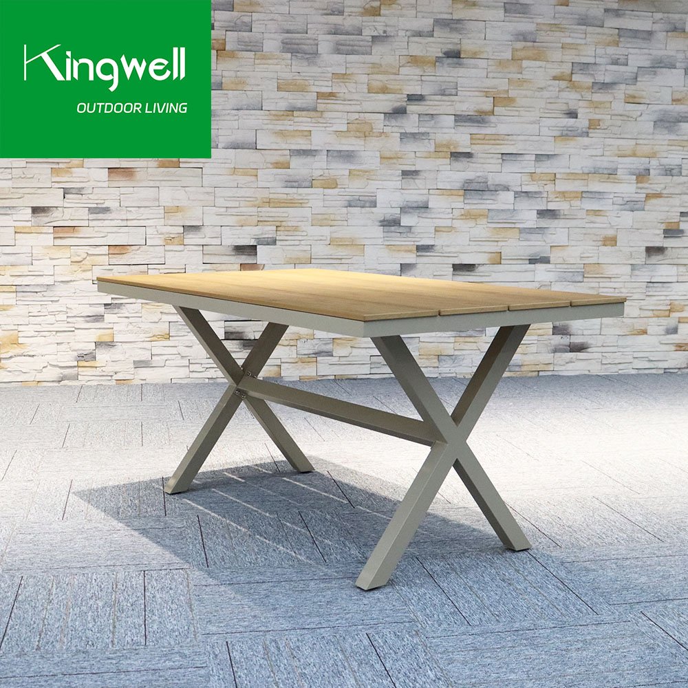 Good quality factory directly teak wood on top outdoor dining table garden furniture aluminum dinner table set for hotel