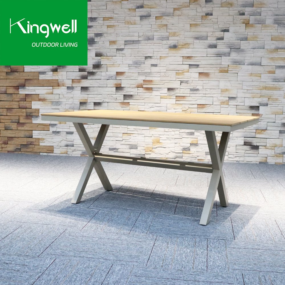 Good quality factory directly teak wood on top outdoor dining table garden furniture aluminum dinner table set for hotel