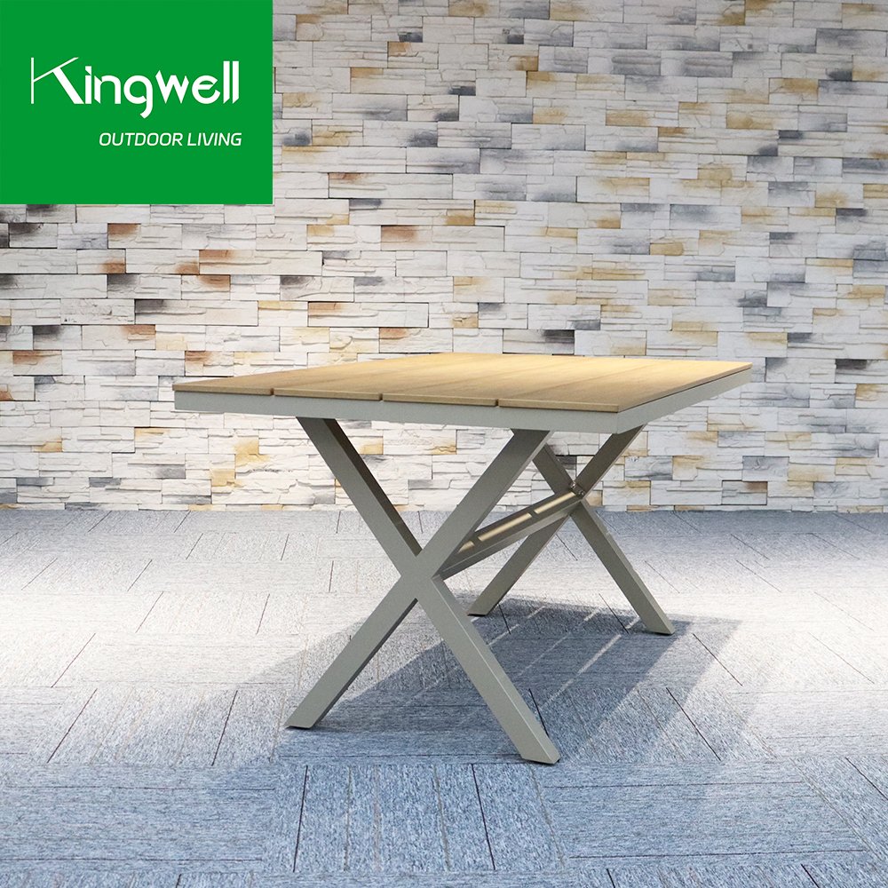 Good quality factory directly teak wood on top outdoor dining table garden furniture aluminum dinner table set for hotel