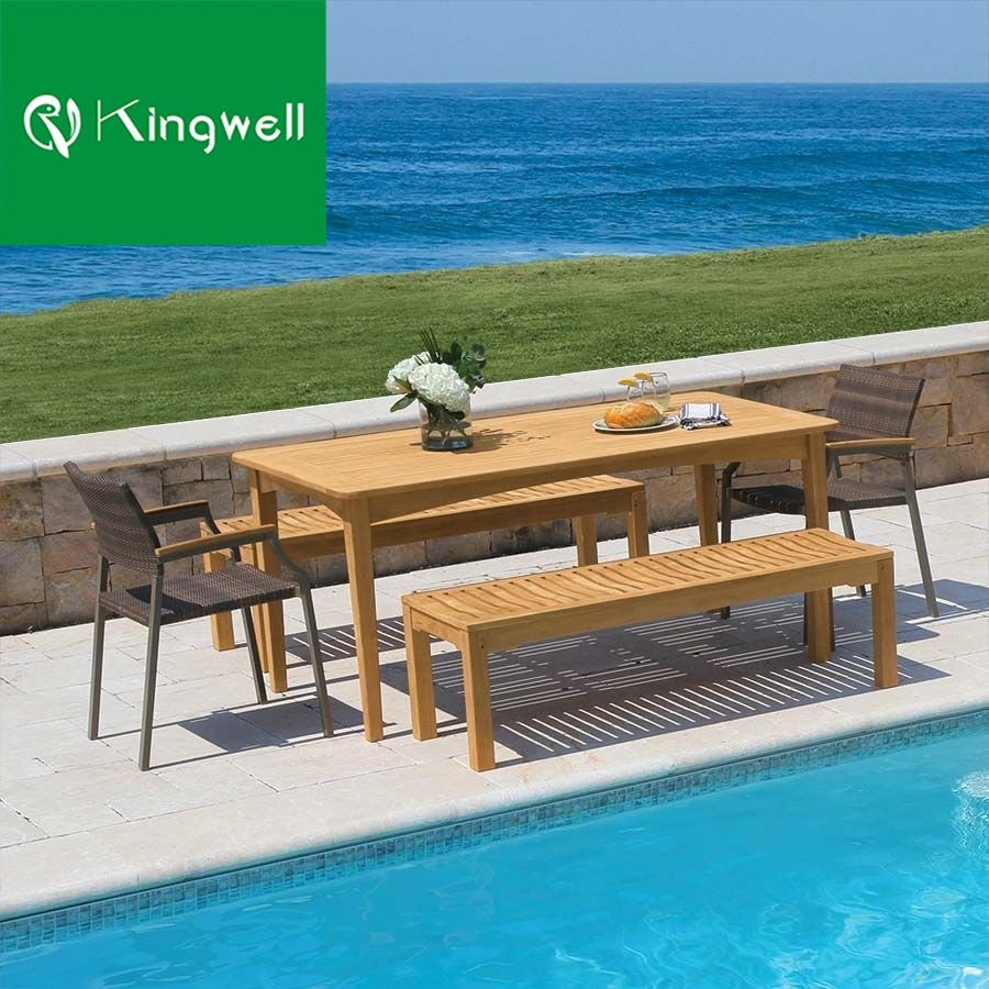 Hot Selling Patio Teak Outdoor Furniture Leisure Dinning Bar Stool Set Wooden Wicker Garden Dining Table and Rattan Chairs Sets