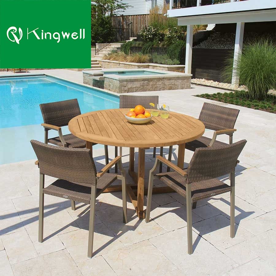 Hot Selling Patio Teak Outdoor Furniture Leisure Dinning Bar Stool Set Wooden Wicker Garden Dining Table and Rattan Chairs Sets