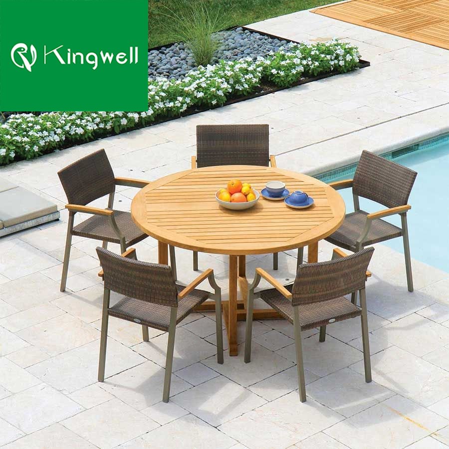 Hot Selling Patio Teak Outdoor Furniture Leisure Dinning Bar Stool Set Wooden Wicker Garden Dining Table and Rattan Chairs Sets