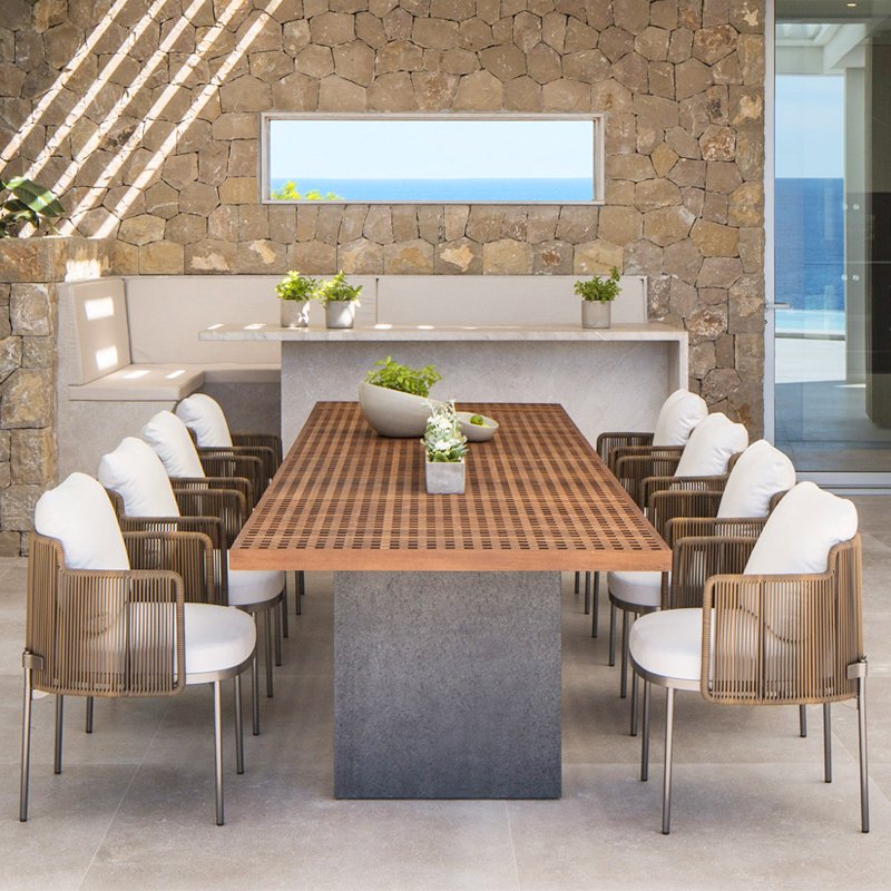 Furnistyle Modernoutdoor Rattan Furniture Luxury Outdoor Teak Wood Dining Table 8 10 People Seats Patio Garden Rattan Chairs Set