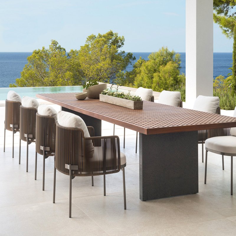 Furnistyle Modernoutdoor Rattan Furniture Luxury Outdoor Teak Wood Dining Table 8 10 People Seats Patio Garden Rattan Chairs Set