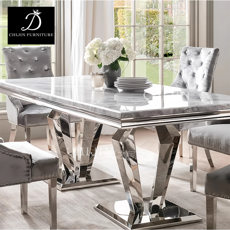 Luxury Dining Table And Chairs Set Dining Room Kitchen Marble Stainless Steel Base Long Dining Table 6 Chairs