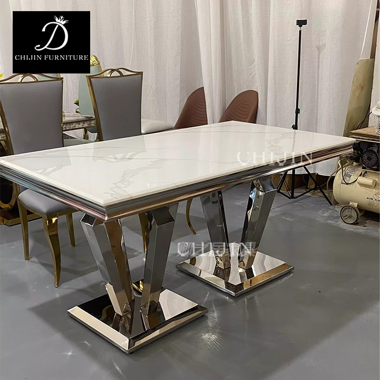 Luxury Dining Table And Chairs Set Dining Room Kitchen Marble Stainless Steel Base Long Dining Table 6 Chairs