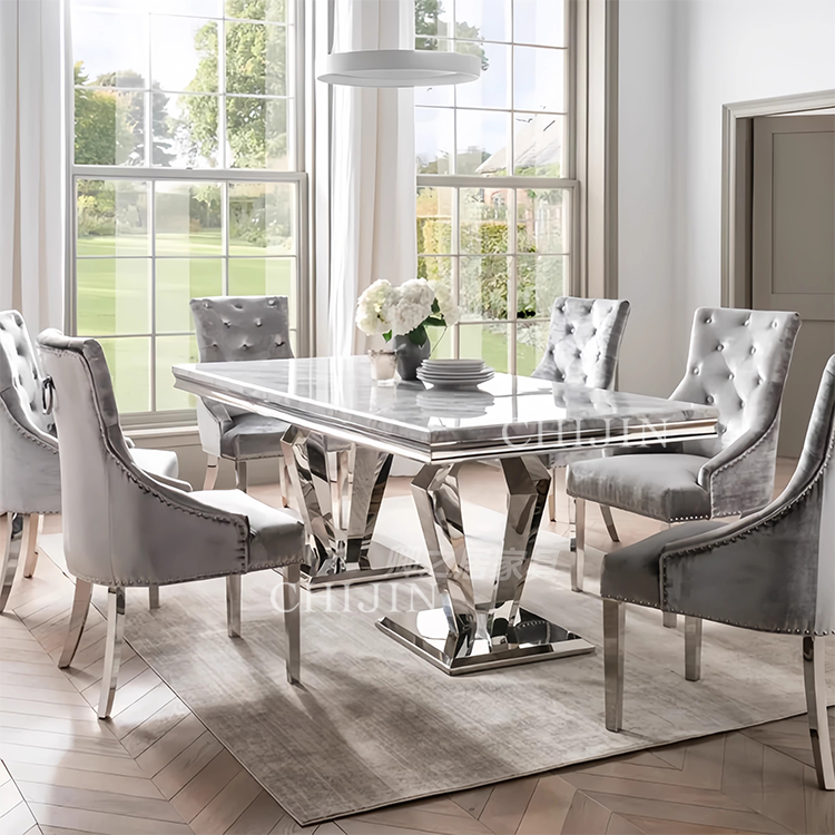 Luxury Dining Table And Chairs Set Dining Room Kitchen Marble Stainless Steel Base Long Dining Table 6 Chairs