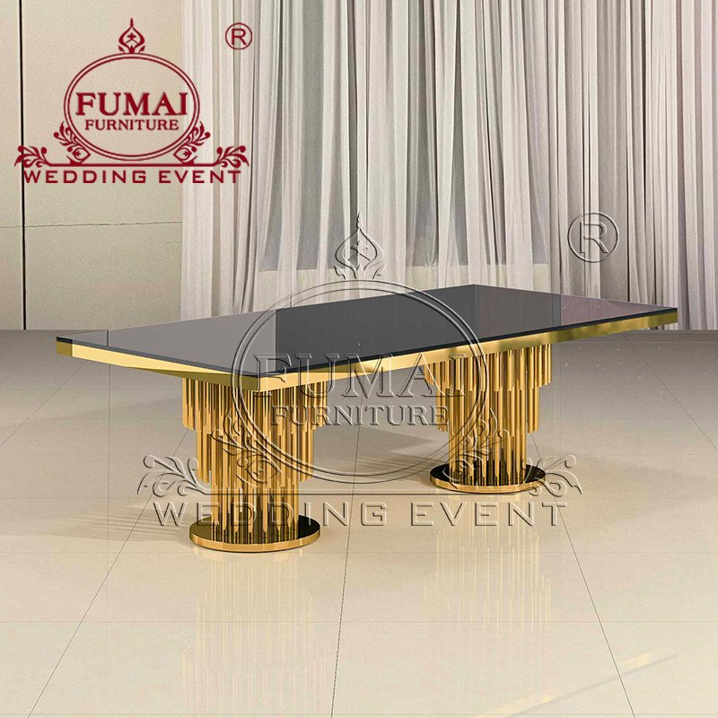 Pedestal Base Design Rectangle Party Decor Stainless Steel Gold Dining Table Set For Banquet Wedding Event Hotel