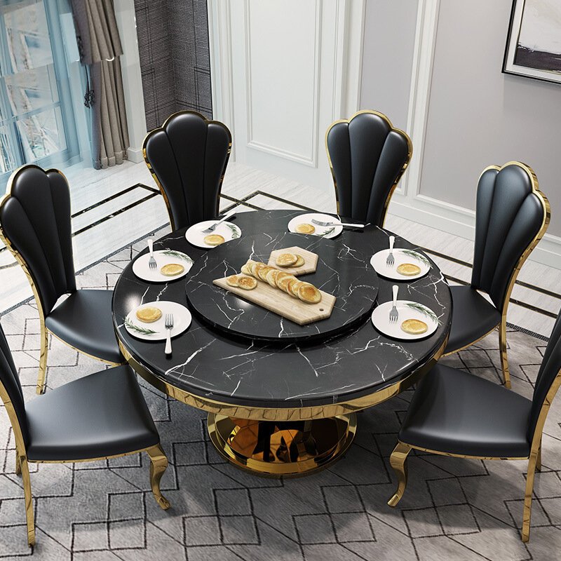 Luxury gold stainless steel round dining table with marble top for modern dining room furniture