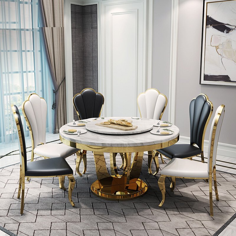 Luxury gold stainless steel round dining table with marble top for modern dining room furniture