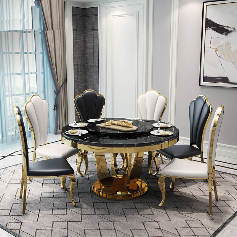 Luxury gold stainless steel round dining table with marble top for modern dining room furniture