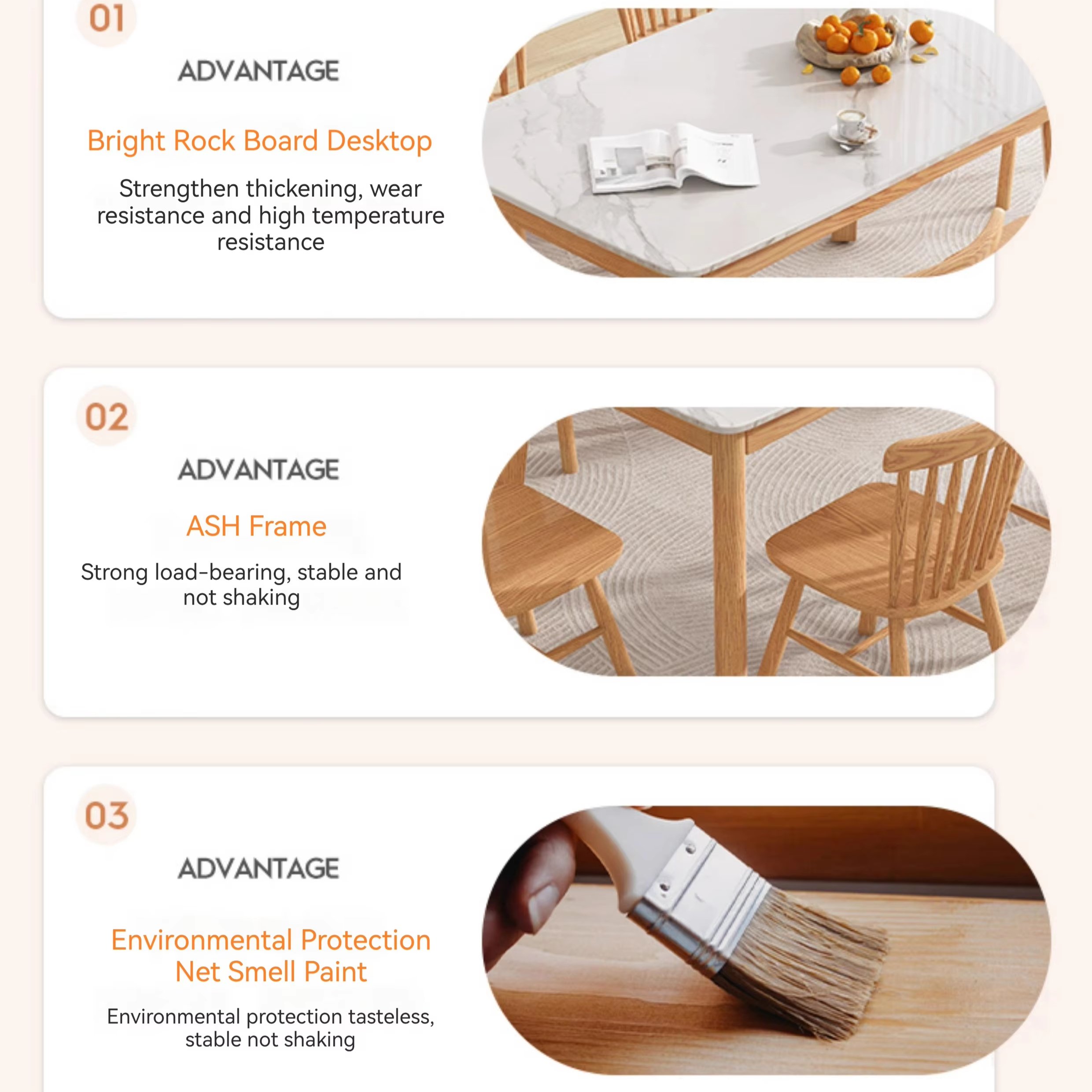 Nordic living room furniture all solid wood ash wood rock plate dining table set with chair small household durable square table