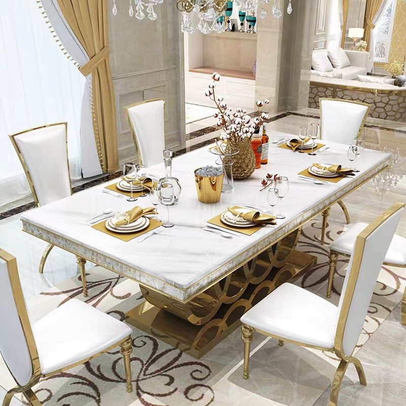 Dining Table Set Gold Minimalist French Designer Style Marble Stainless Steel Home Furniture 1 Piece Dining Room Modern Modern