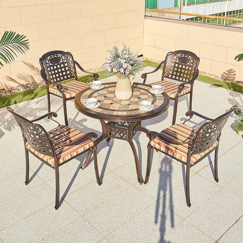 Modern Garden Waterproof Round Table 6 Chairs Outdoor Terrace Furniture Patio Stackable Cast Aluminum Dining Set