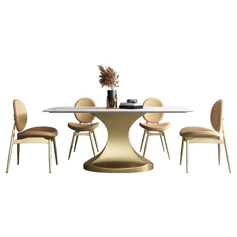 Modern Luxury Living Dining Room Sintered Stone Dining Tables Gold Stainless Steel Rectangular Marble Dining Table Set