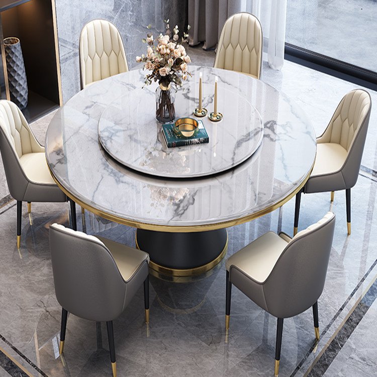 Italian design metal base two marble top rotating dining table set round dining table with rotating center for dining room