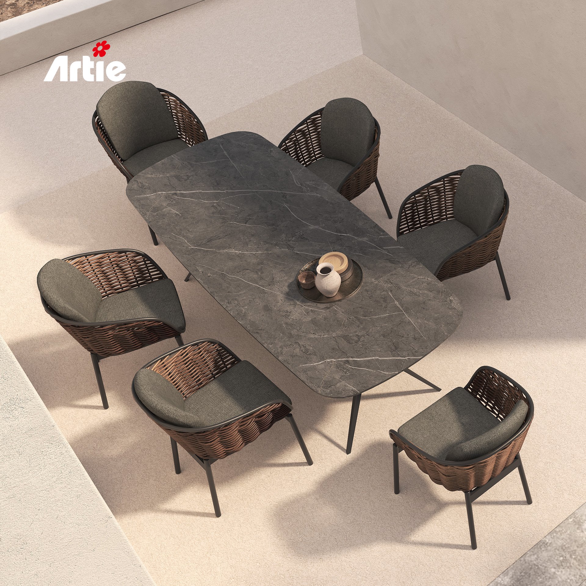 Artie Modern Garden Patio Outdoor Dining Set Rattan Furniture Hotel Restaurant Dining Table And Chairs Sets
