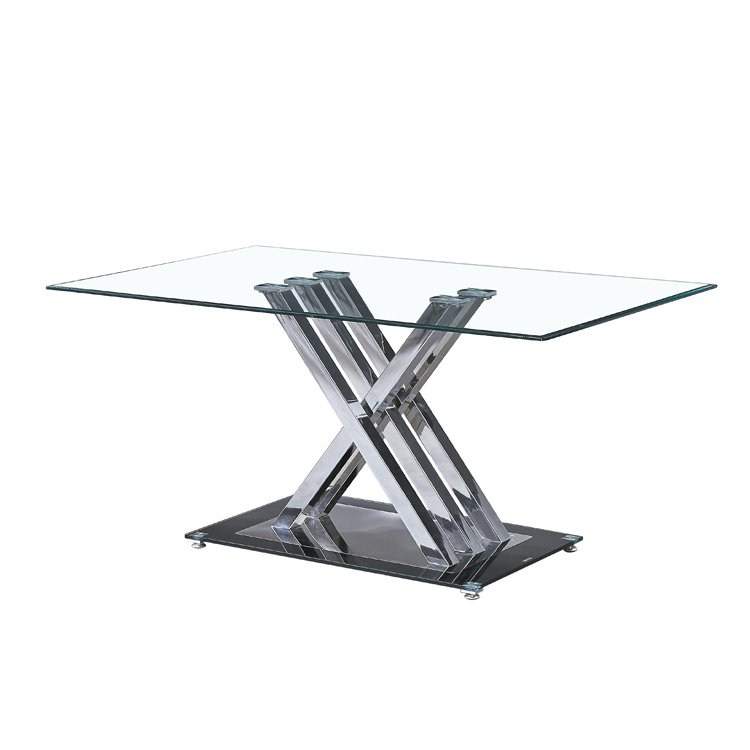 factory outlet custom rectangle square tempered glass top chrome leg dining table