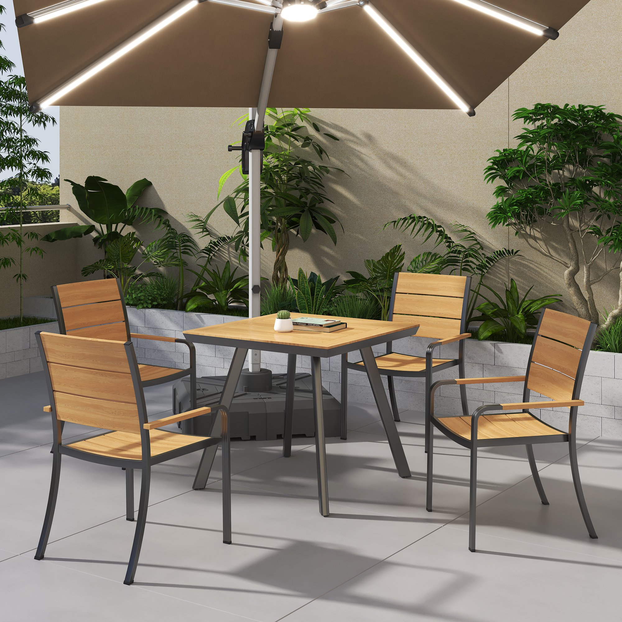 Fulin Modern outside Plastic Wood furniture outdoor Table and chair set luxury outdoor patio aluminum patio garden set