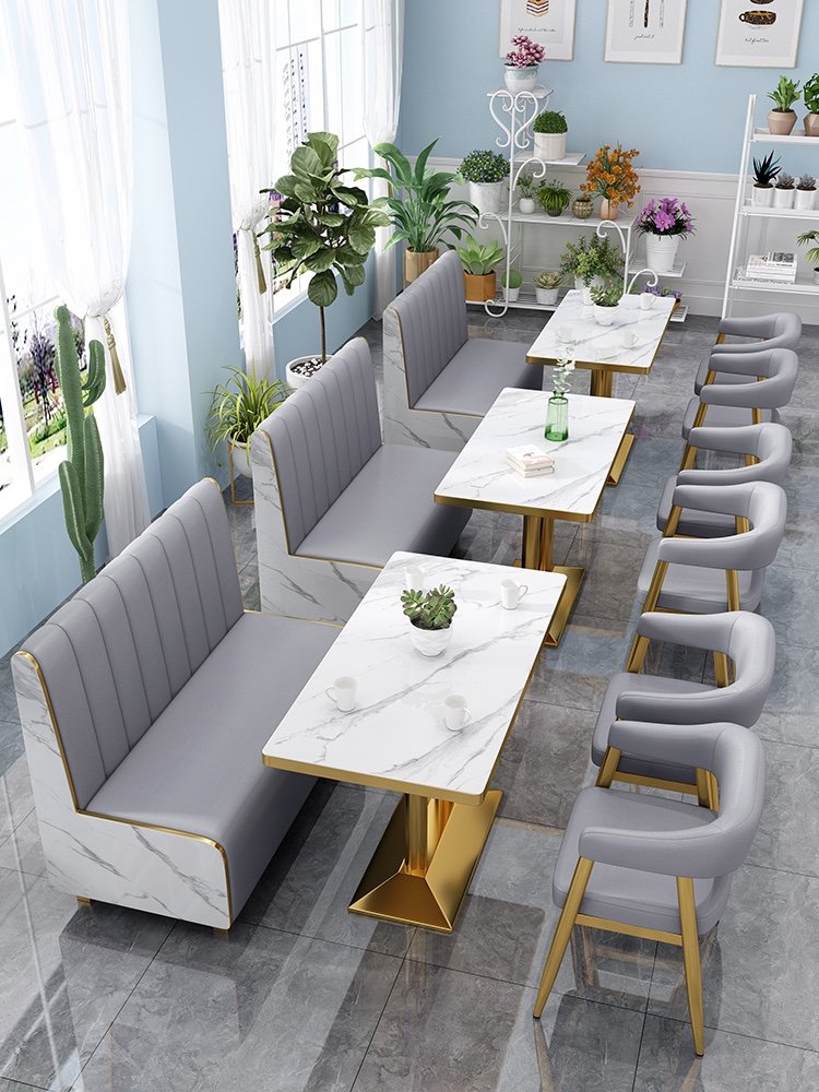 Wholesale Modern Restaurant Furniture Sets Cafe Fast Food Booth Seating Sofa Golden Metal Dining Tables and Chairs Set