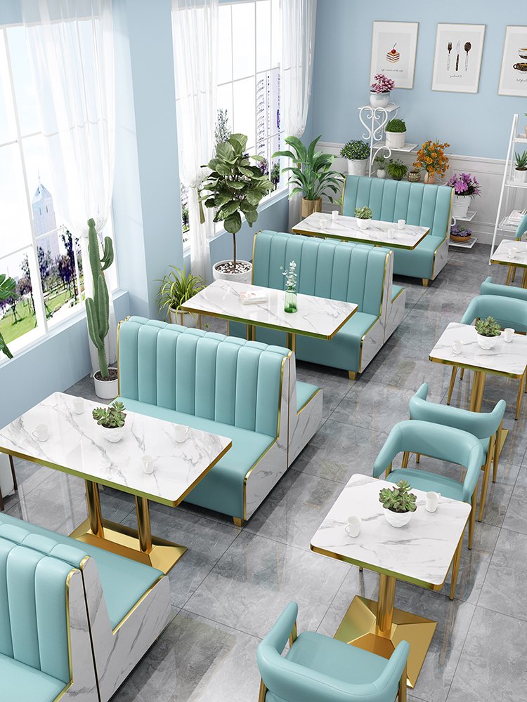 Wholesale Modern Restaurant Furniture Sets Cafe Fast Food Booth Seating Sofa Golden Metal Dining Tables and Chairs Set