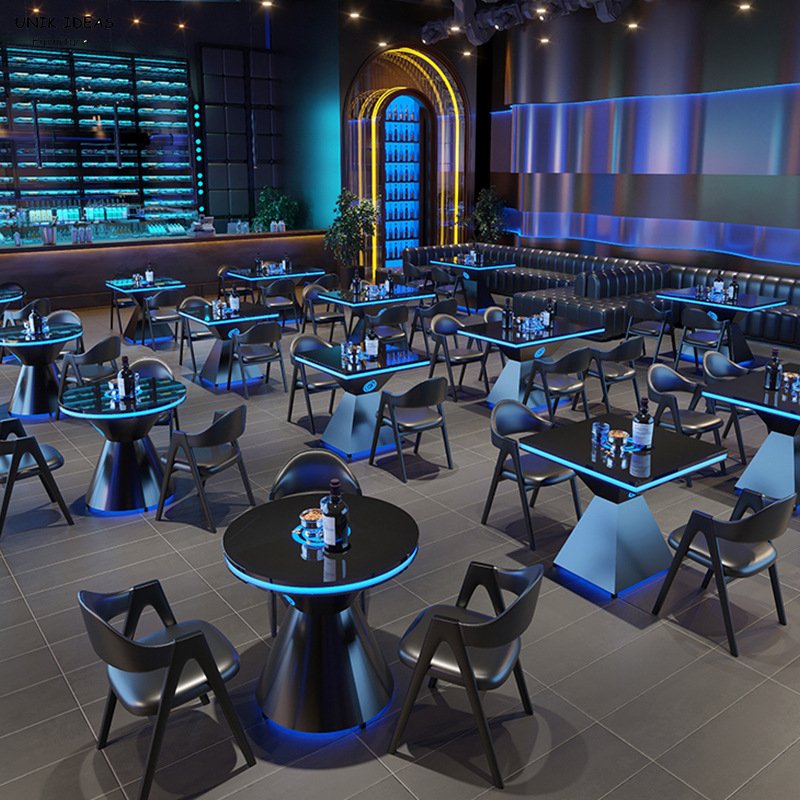 Commercial furniture coffee table with chair for bar live house metal dining table with chair customized club led light table