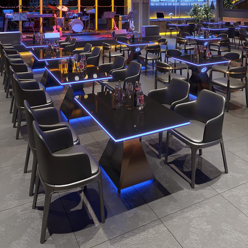 Commercial furniture coffee table with chair for bar live house metal dining table with chair customized club led light table