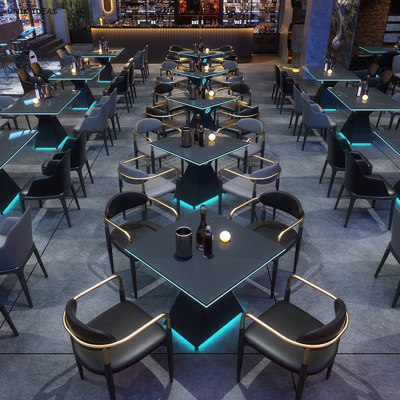 Commercial furniture coffee table with chair for bar live house metal dining table with chair customized club led light table