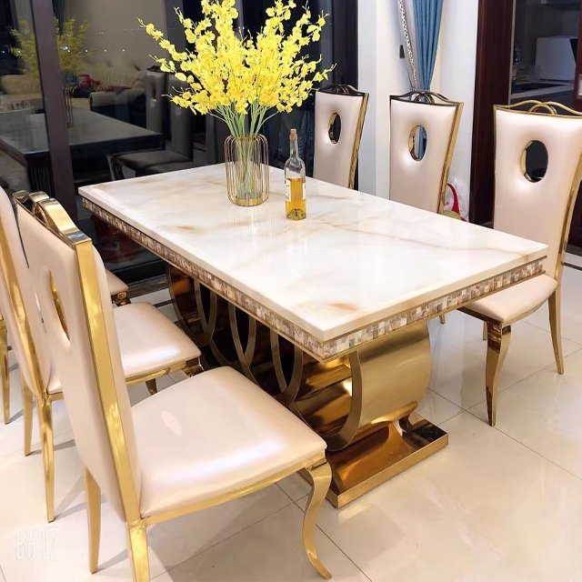 European rectangular marble table light luxury stainless steel large room dining table and chair combination