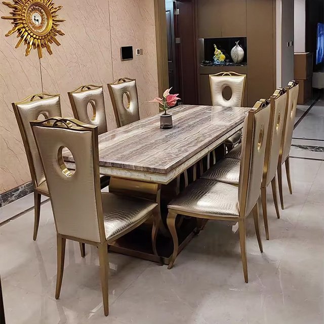 European rectangular marble table light luxury stainless steel large room dining table and chair combination