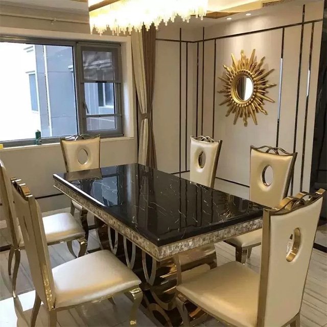 European rectangular marble table light luxury stainless steel large room dining table and chair combination