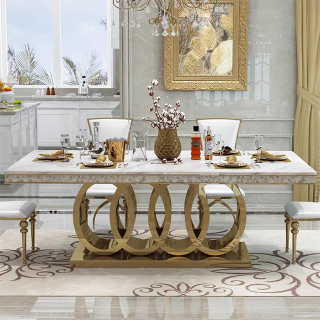 European rectangular marble table light luxury stainless steel large room dining table and chair combination