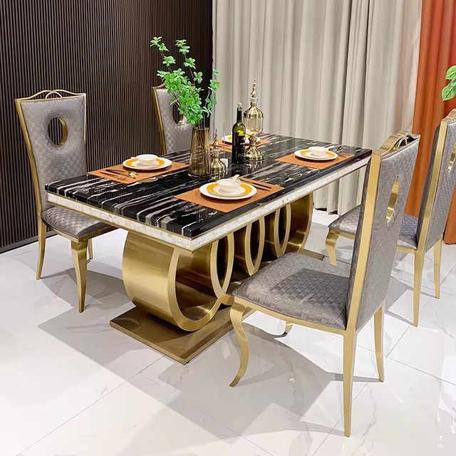 European rectangular marble table light luxury stainless steel large room dining table and chair combination