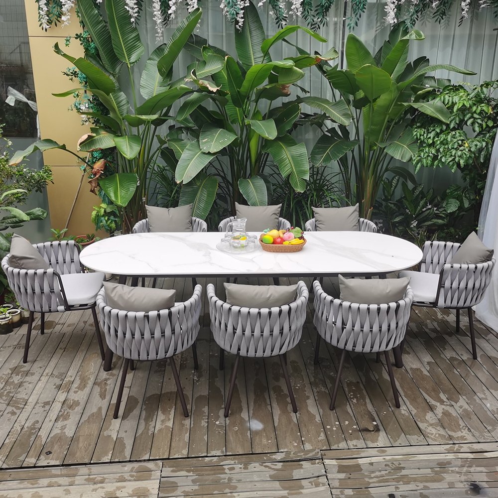 outdoor indoor 8 seater pe wicker rattan rope dining table chair furniture bistro set restaurant luxury