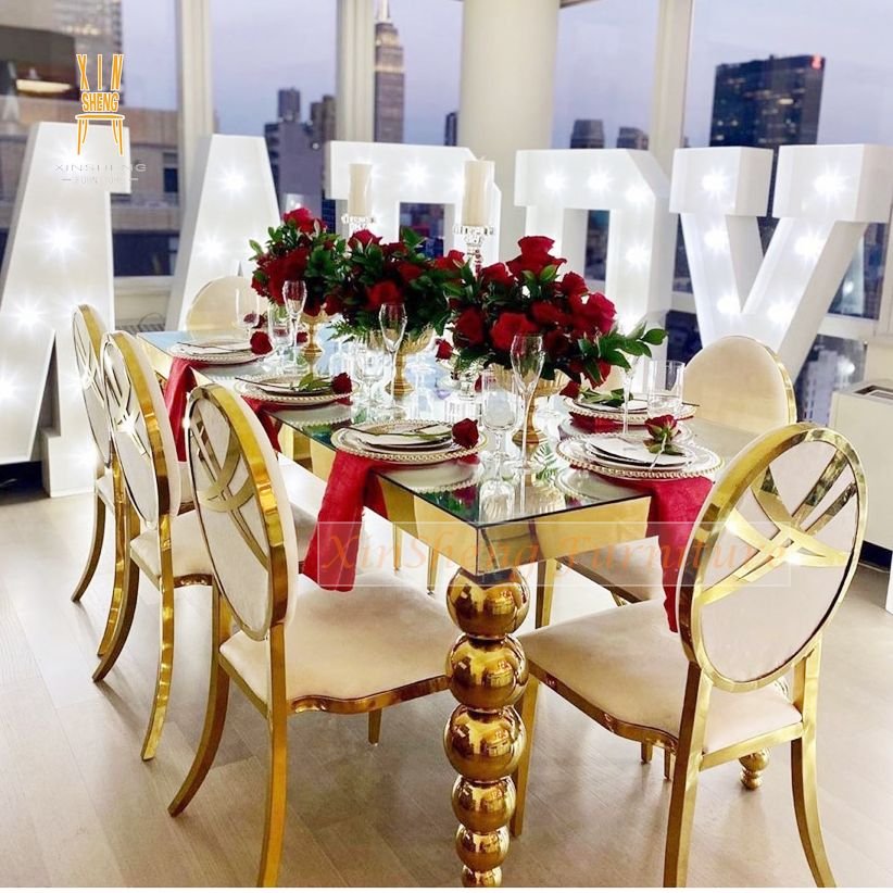 Wedding rectangle 7 balls legs stainless steel mirror glass dining tables