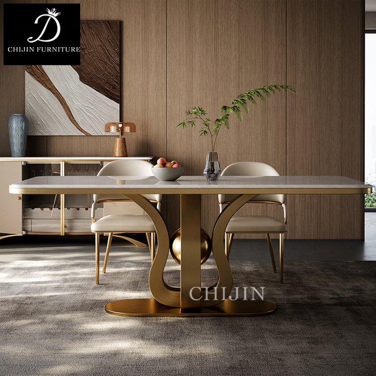 Modern Luxury Kitchen Stainless Steel Base Sintered Stone Dining Table Set Furniture