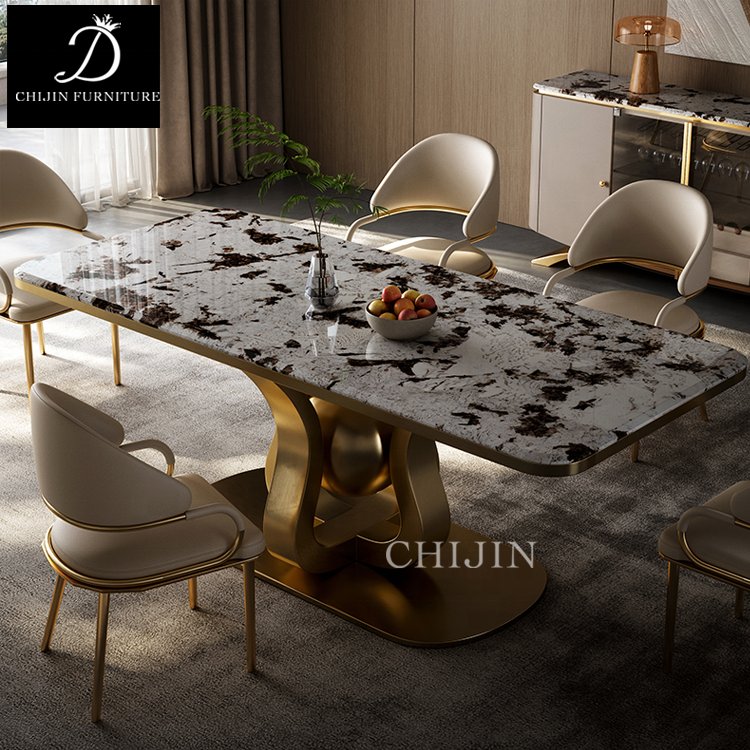 Modern Luxury Kitchen Stainless Steel Base Sintered Stone Dining Table Set Furniture