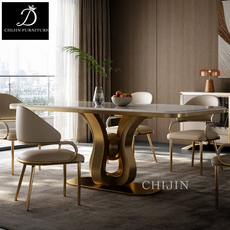 Modern Luxury Kitchen Stainless Steel Base Sintered Stone Dining Table Set Furniture